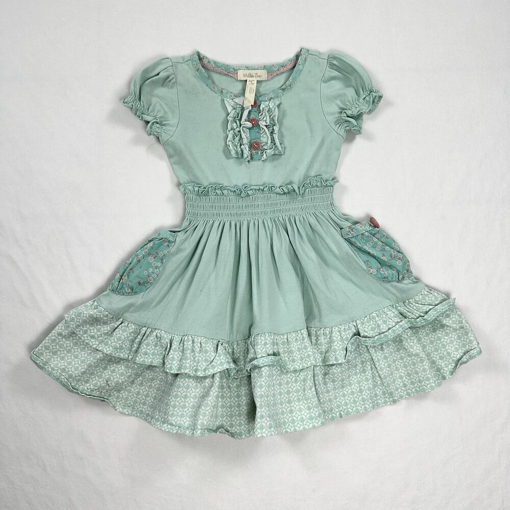 MATILDA JANE Ruffle A Line Dress Pockets Size 2 2T Green Cottagecore Country